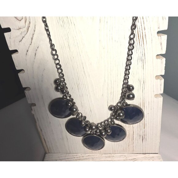 Silver-Tone Chain Necklace Blue Faceted Pendants reversible statement indigo - Picture 1 of 6